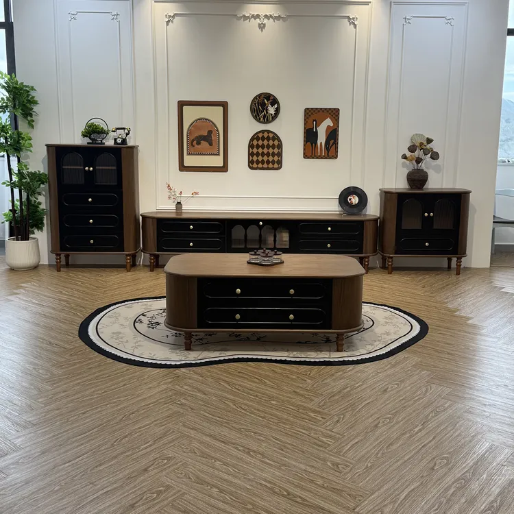 爆款法式复古实木电视柜茶几组合胡桃色客厅柜影视落地柜