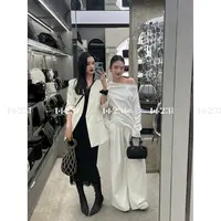 1423 【慵懒调性】纯色百搭斜肩长袖上衣&腰边设计阔腿裤