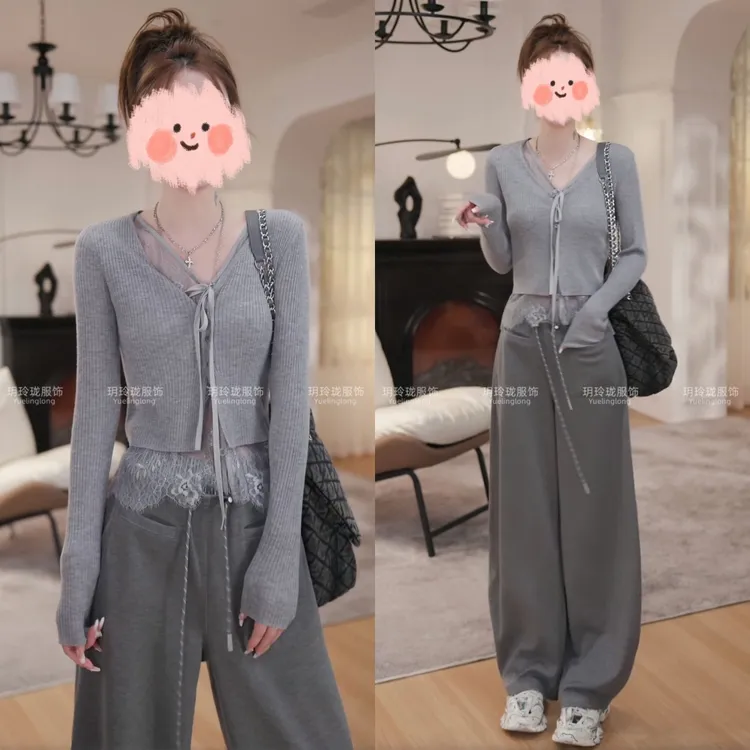 2025春夏新款显瘦气质假两件针织衫 阔腿裤两件套时尚套装减龄女