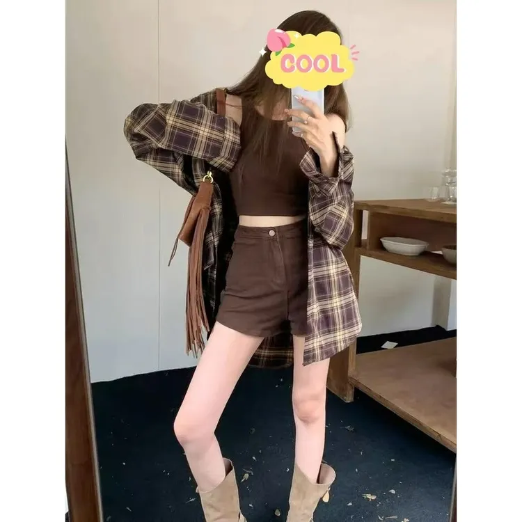 大码美式复古套装初秋格子衬衫吊带背心短裤9759#裙子9758#