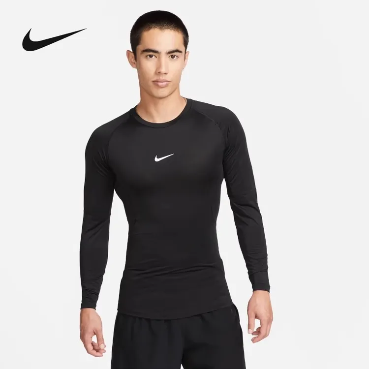 NIKE/耐克男跑步训练紧身衣黑色速干健身服长袖运动上衣户外圆领