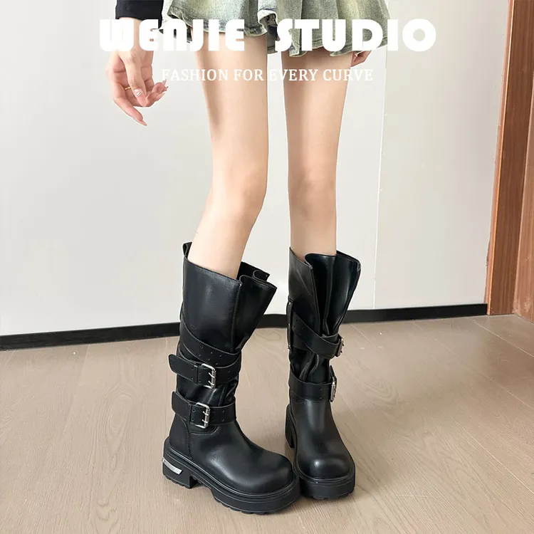 厚底皮带扣机车靴2025新款复古圆头高筒骑士靴英伦风粗跟褶皱女靴