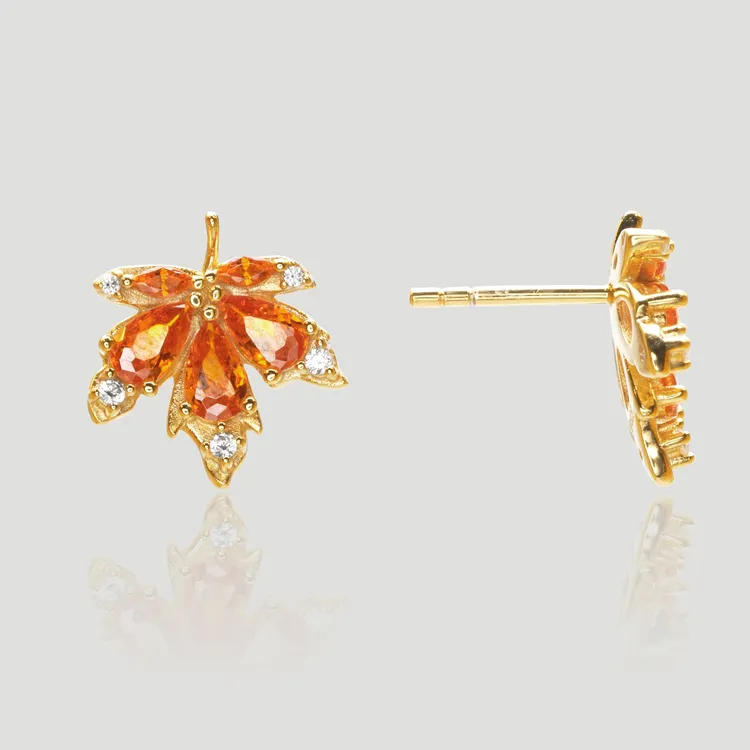 925银合成锆石耳饰 枫叶款秋冬法式轻奢小众红金配色氛围耳钉