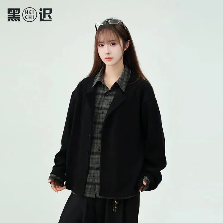 黑迟磨毛格子內襟老钱风假两件开衫毛衣男女宽松针织衫秋冬