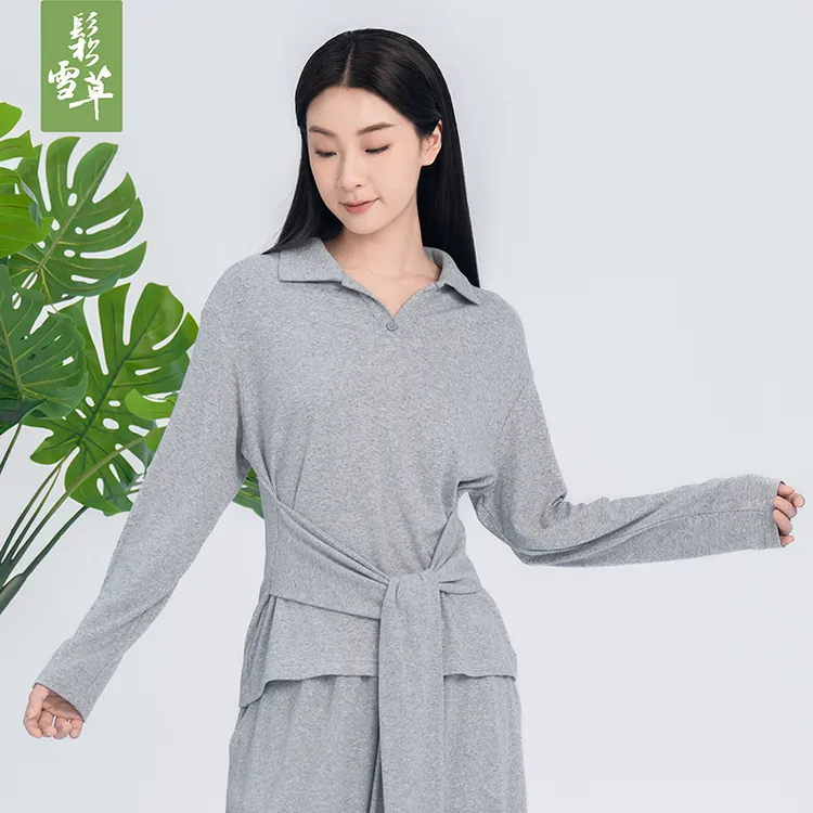 鬆雪草罗纹针织V领绑带休闲时尚气质百搭女上装翻领长袖衫5015002