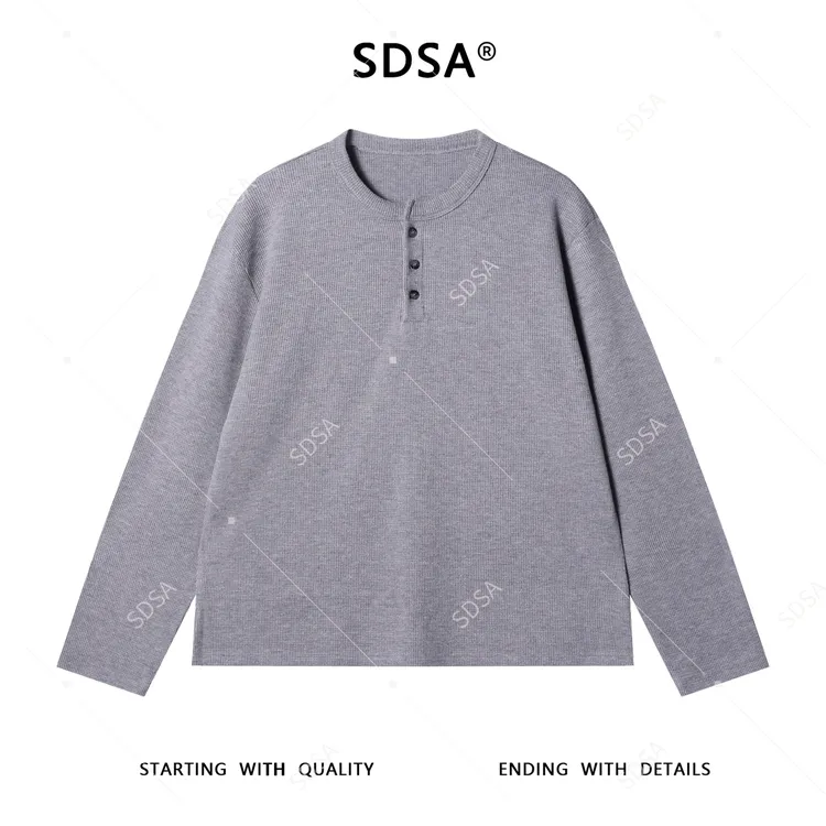 SDSA男士秋冬新款轻奢痞帅男装纯色简约半纽扣圆领长袖T恤老钱风