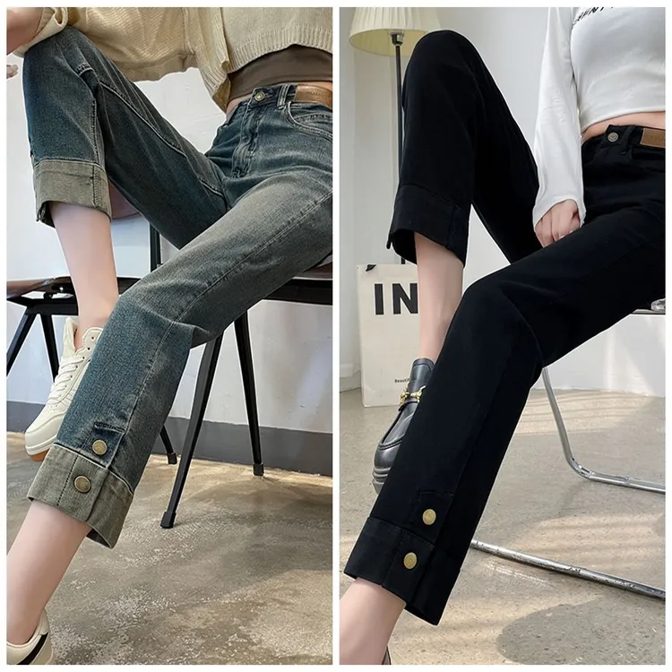 小个子新款高腰牛仔烟管裤女秋季显瘦直筒裤牛仔九分裤子女修身裤