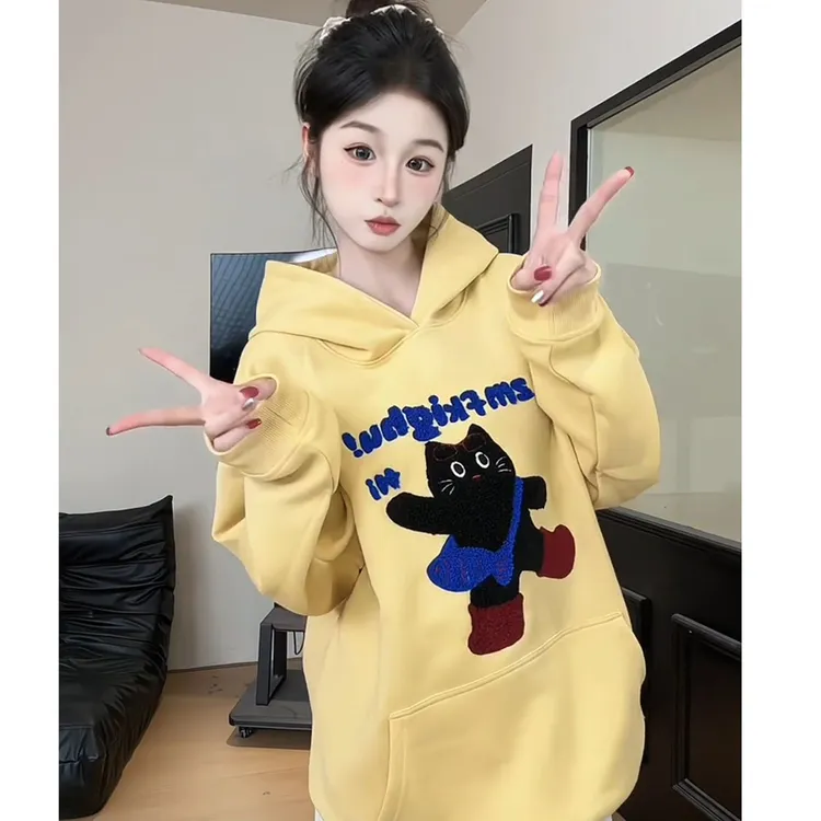 早秋新款韩系可爱猫咪休闲刺绣连帽卫衣女款小个子宽松长袖上衣