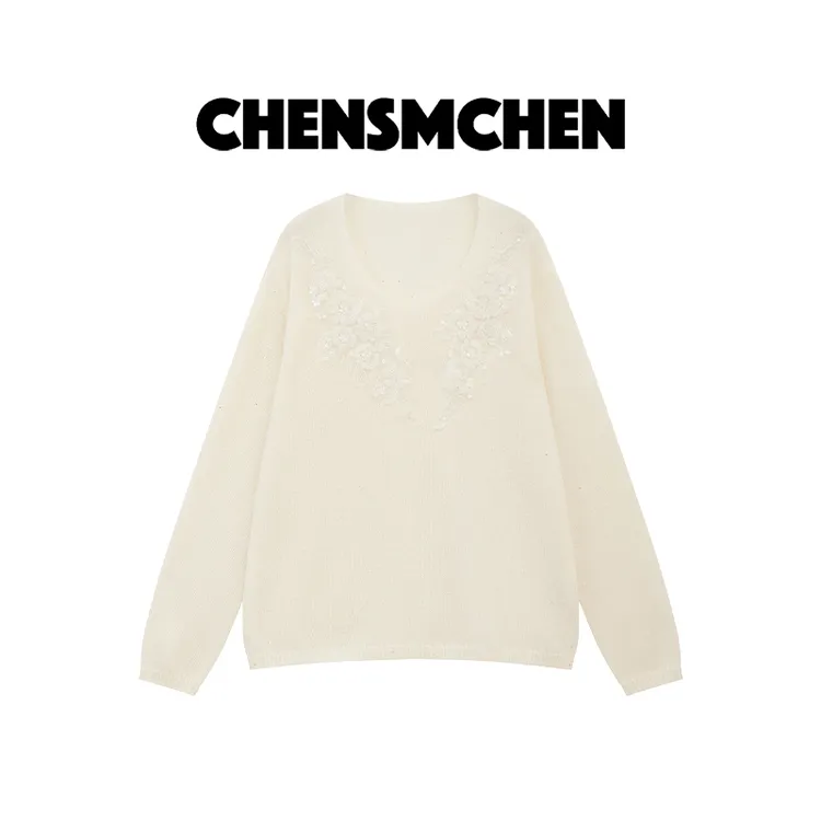 CHENSMCHEN 绵羊毛V领长袖针织衫女简约气质显瘦上衣CSZ6152SL