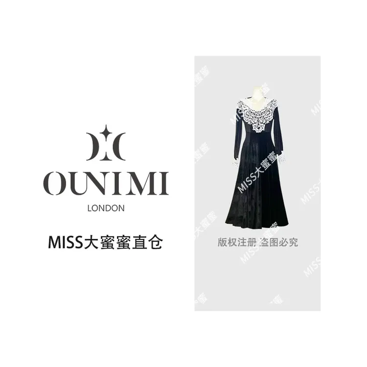 欧倪蜜OUNIMI【伯爵千金】法式宫廷风蕾丝拼接赫本丝绒连衣裙8917