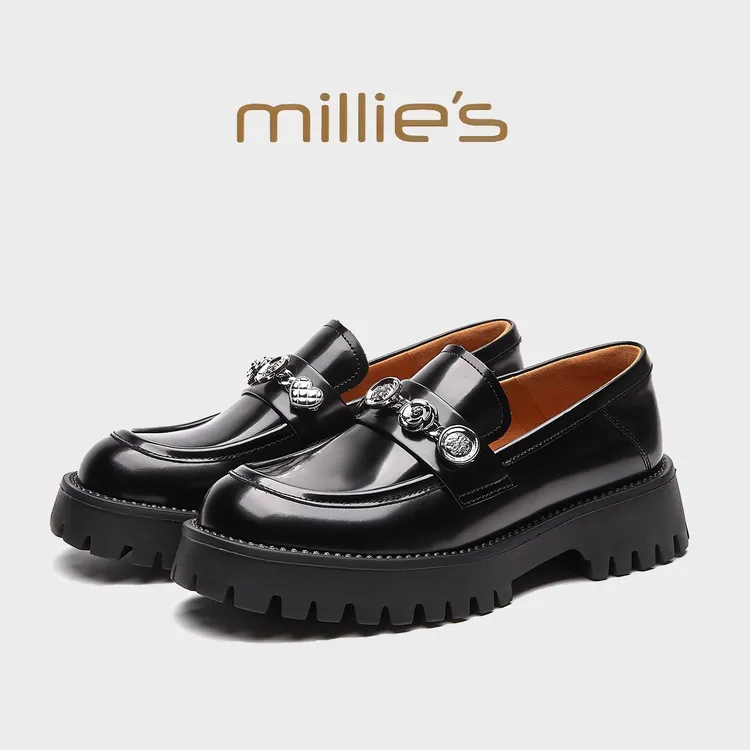 millies妙丽 圆头松糕底水钻金属塔扣精致优雅时尚百搭休闲乐福鞋