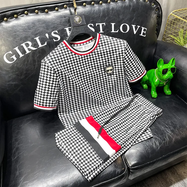 哈逊梅奈夏季格子短袖短裤男士休闲套装潮流时尚个性男款两件套