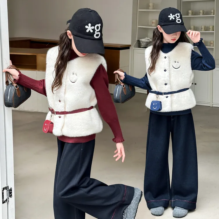 女童深秋加厚马甲套装2025新款韩版中大童时尚甜酷穿搭洋气三件套