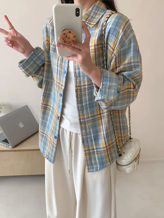 复古潮流休闲宽松女士春秋大码上衣衬衫#2506