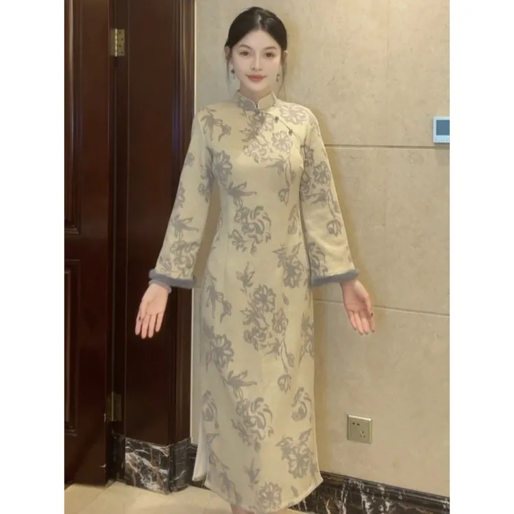 双11活动 球球夫人丨沉香120cm冬季加绒长袖茶色单层仿羊绒旗袍