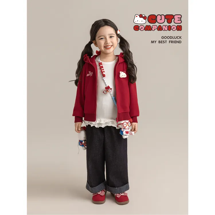 幼悠女童秋装甜美休闲风卫衣儿童衣服猫猫玩偶花边连帽外套Q4634