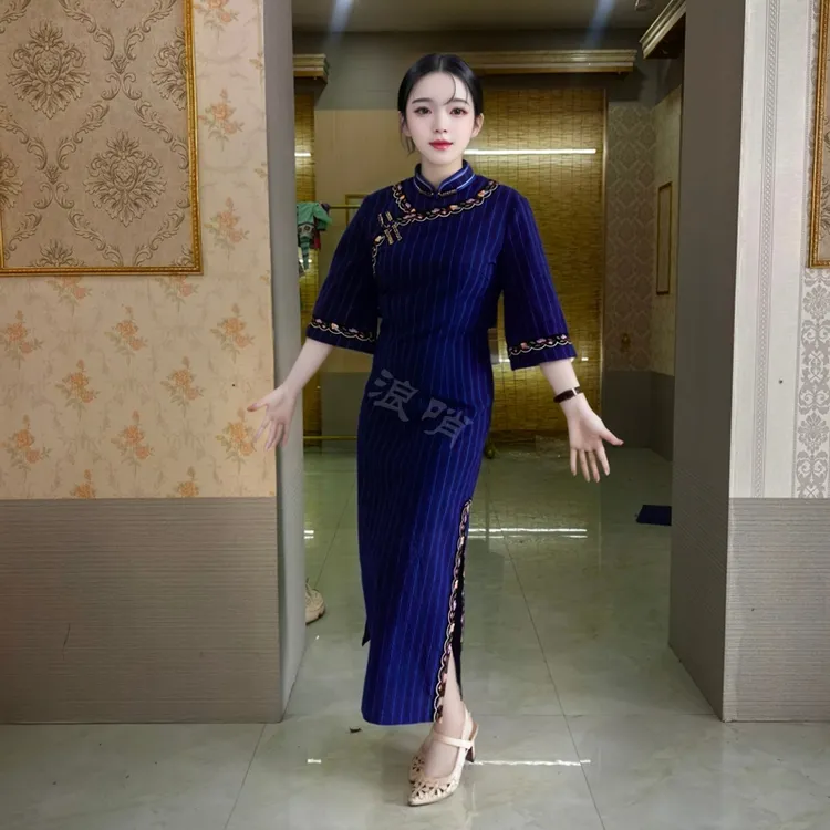 常规款民族风旗袍纯手工编织土布绣花斜襟低开衩旗袍时尚优雅显瘦
