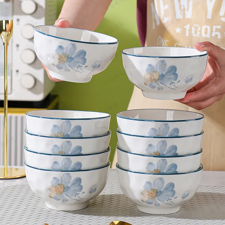 凝香新款碗盘5英寸10只装米饭碗吃饭碗釉下彩家用餐具易清洗轻奢