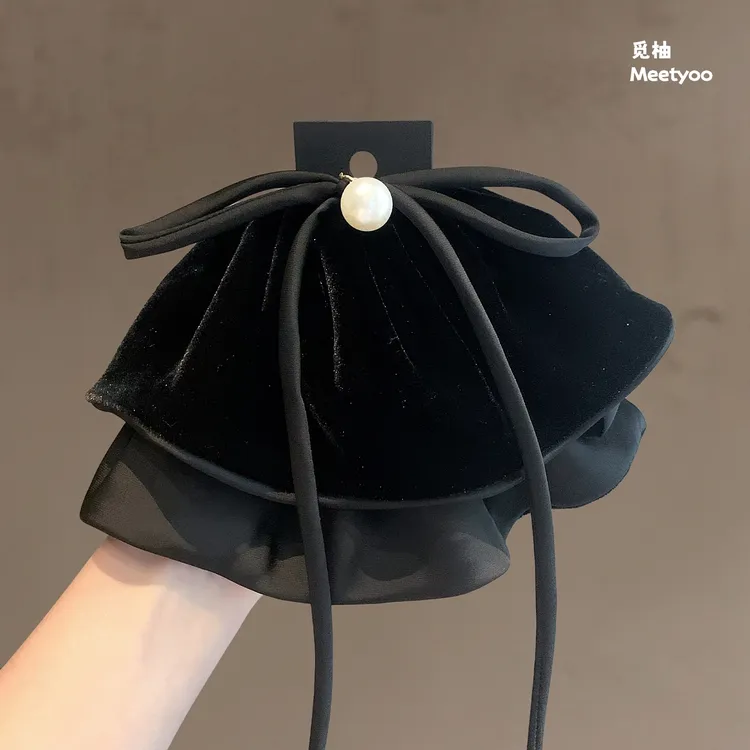 法式复古珍珠丝绒飘带抓夹黑色蝴蝶结扎高马尾夹后脑勺超仙盘发夹