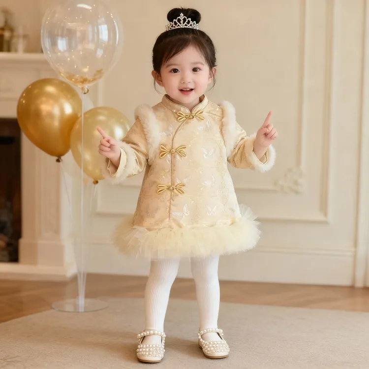 女宝宝冬季加绒加厚旗袍裙高端周岁礼服儿童洋气中式连衣裙拜年服