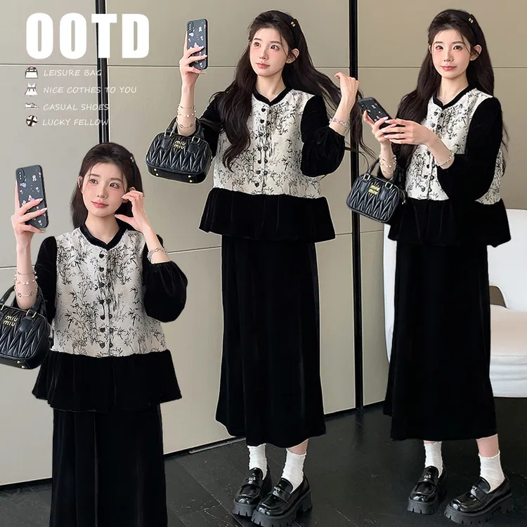 孕妇套装025秋冬新款高定丝绒减龄少女千金风孕妇调节带裙两件套