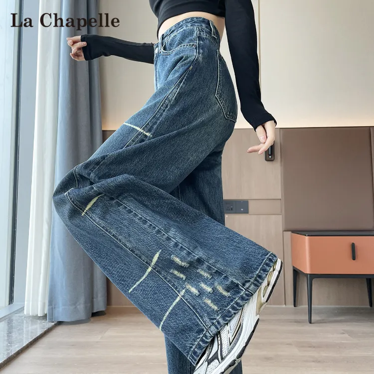 拉夏贝尔复古磨破阔腿牛仔裤女秋冬加绒2025新款高腰宽松弯刀裤子