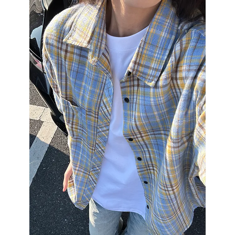 美式复古黄蓝格子衬衫男夏季cleanfit格纹防晒衬衣慵懒感百搭衬衫