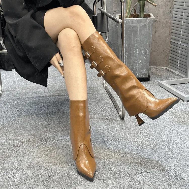 时尚短靴一鞋三穿长筒靴女高跟2025冬季新款裤管靴高跟粗跟长筒靴