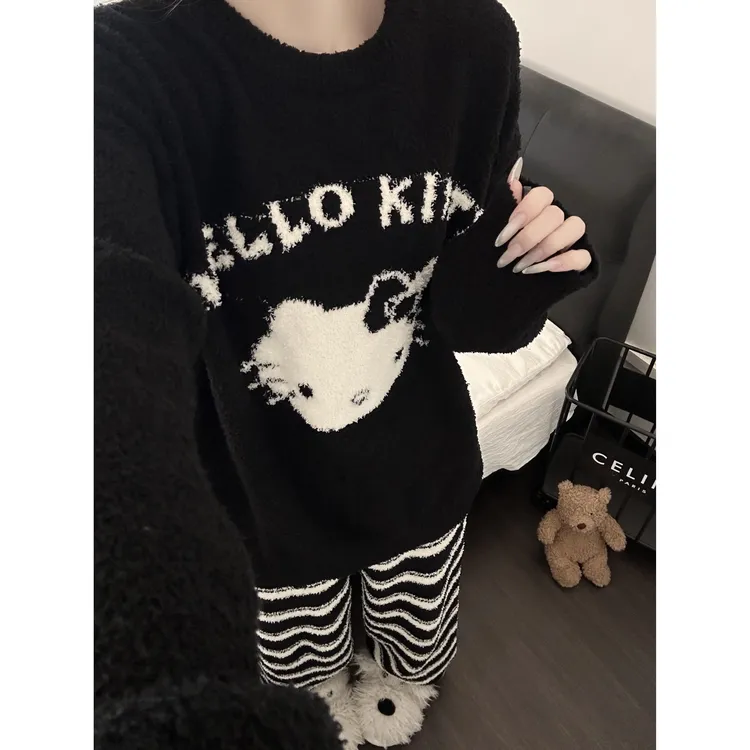 甜美卡通Kitty半边绒睡衣女秋冬季新款加厚保暖家居服套装可外穿