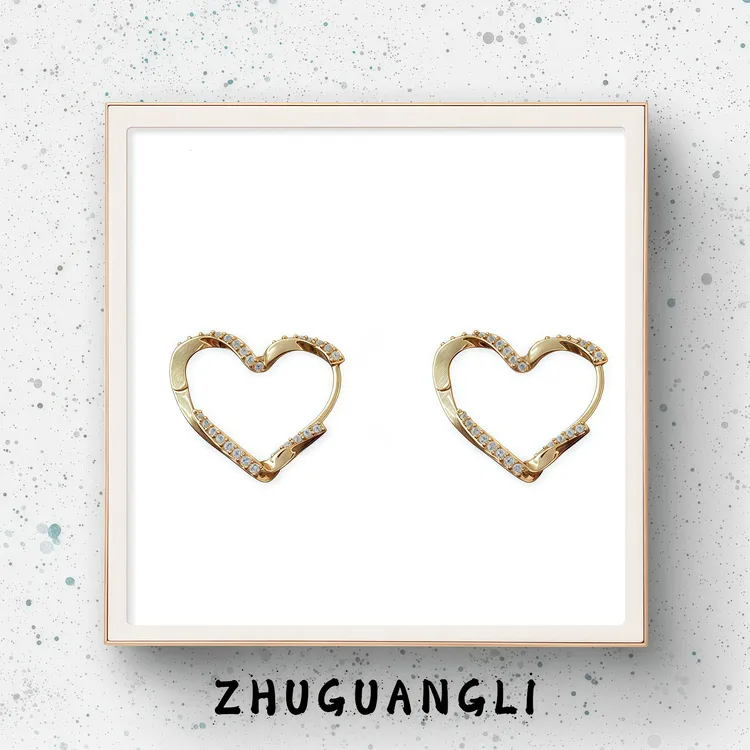 合金耳饰 【ZHUGUANGLI】璀璨心芒 14K真金电镀爱心耳扣镶钻耳饰