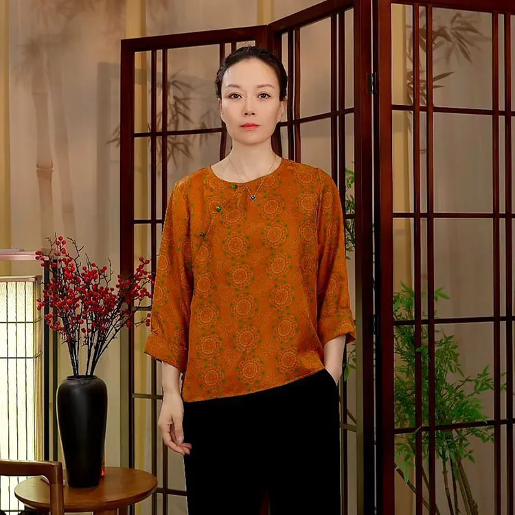 【阿邦香云纱】100%桑蚕丝外套女花萝长袖圆领上衣新中式斜襟小衫女