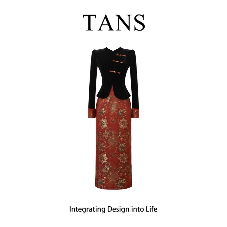 TANS【秋季新品】新中式国风改良版红色假两件修身显廋连衣裙