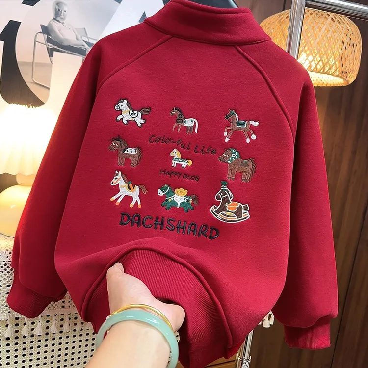 加绒儿童卫衣立领冬季保暖上衣中大童装男童刺绣红色新年款衣服