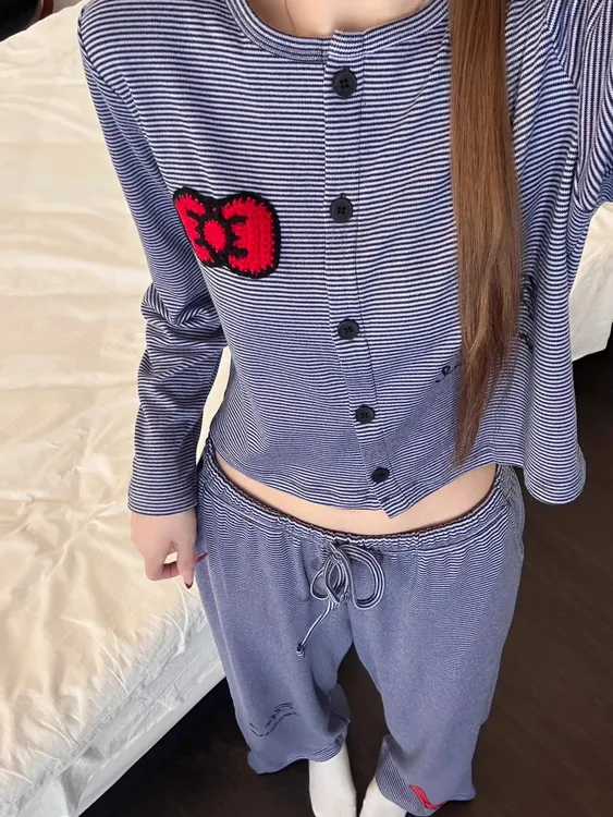 ins可爱卡通趣味蝴蝶结睡衣女春秋2025新款套装长袖显瘦家居服