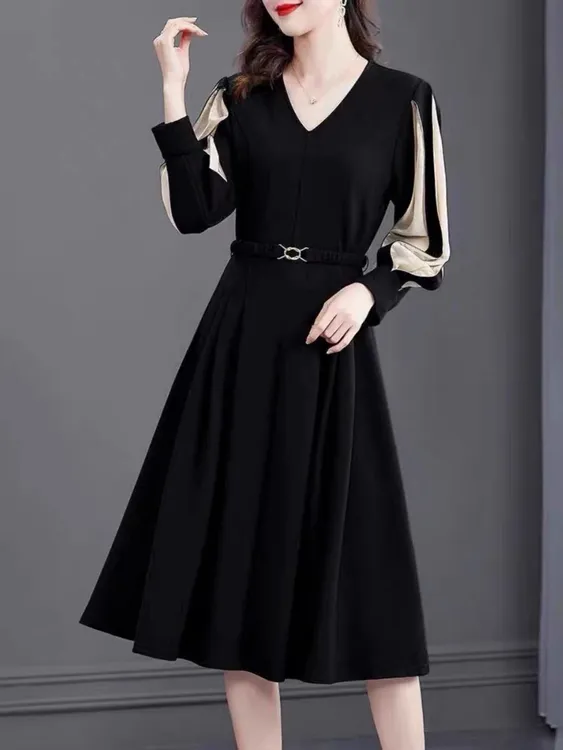 00355黑色长袖V领收腰显瘦A字法式气质连衣裙春季新款