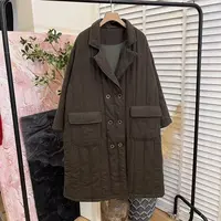 文艺复古「加厚麻料宽松」翻领中长款棉衣女E6321