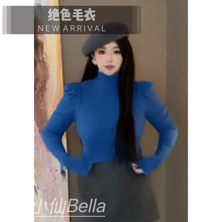 【胖小仙】<绝色高领蓝毛衣>百搭长袖针织衫气质打底衫微胖显瘦大码