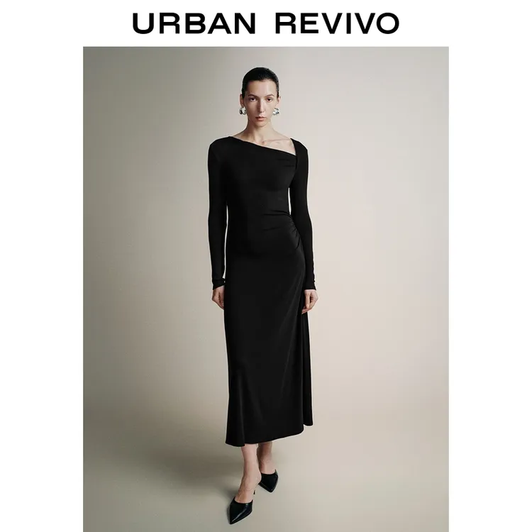 UR2025冬季新款女装法式气质褶皱A字长袖连衣裙UWG750249