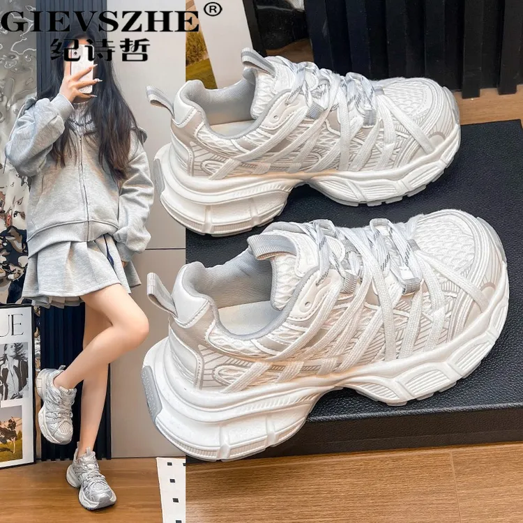 纪诗哲透气网面厚底老爹鞋女秋季辛苦绑带增高休闲百搭轻便跑步鞋