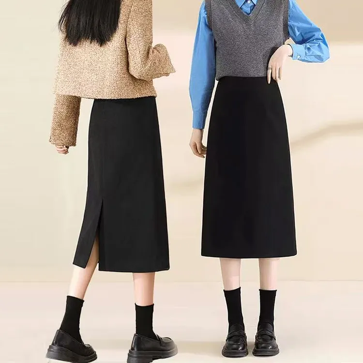 毛呢半身裙女秋冬新款高级感中长款高腰开叉加厚A字包臀直筒裙子