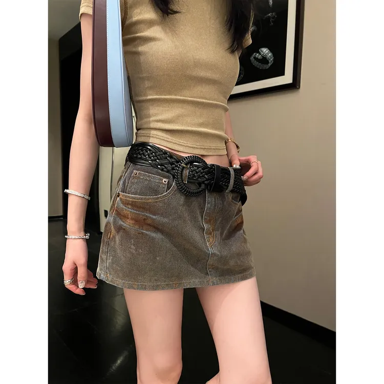 区区欧阳做旧植绒牛仔半身裙女夏季辣妹低腰短裙美式复古短款裙子