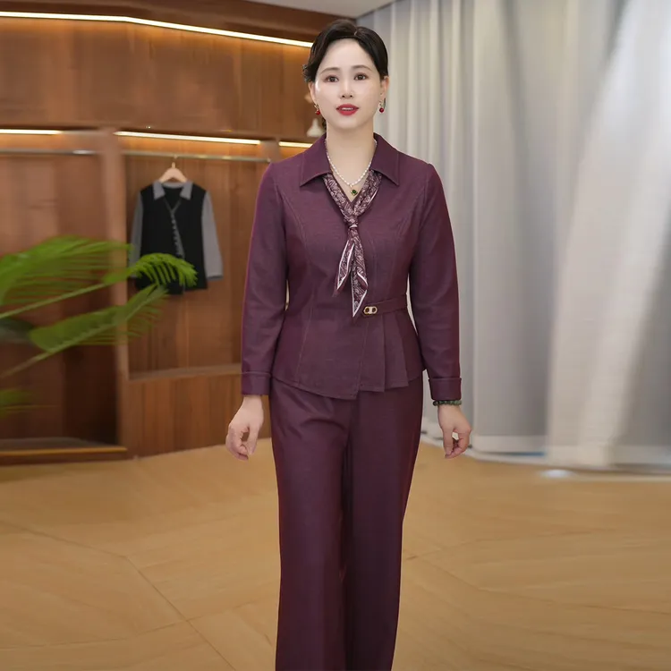 妈妈秋装翻领长袖衬衫两件套2025新款中老年女装显瘦气质时尚套装