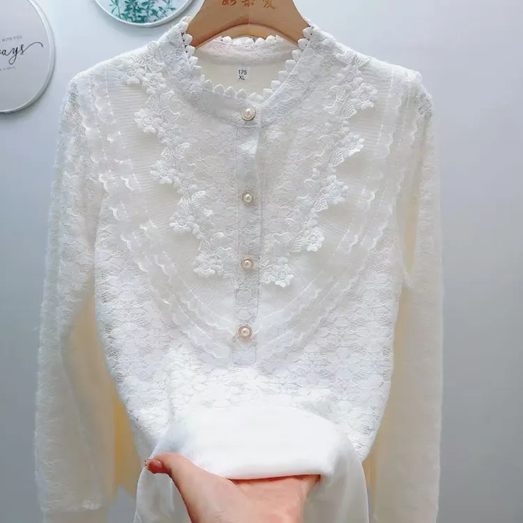 秋冬加绒立领蕾丝打底衫女宽松百搭显瘦时尚遮肉减龄洋气上衣衬衫