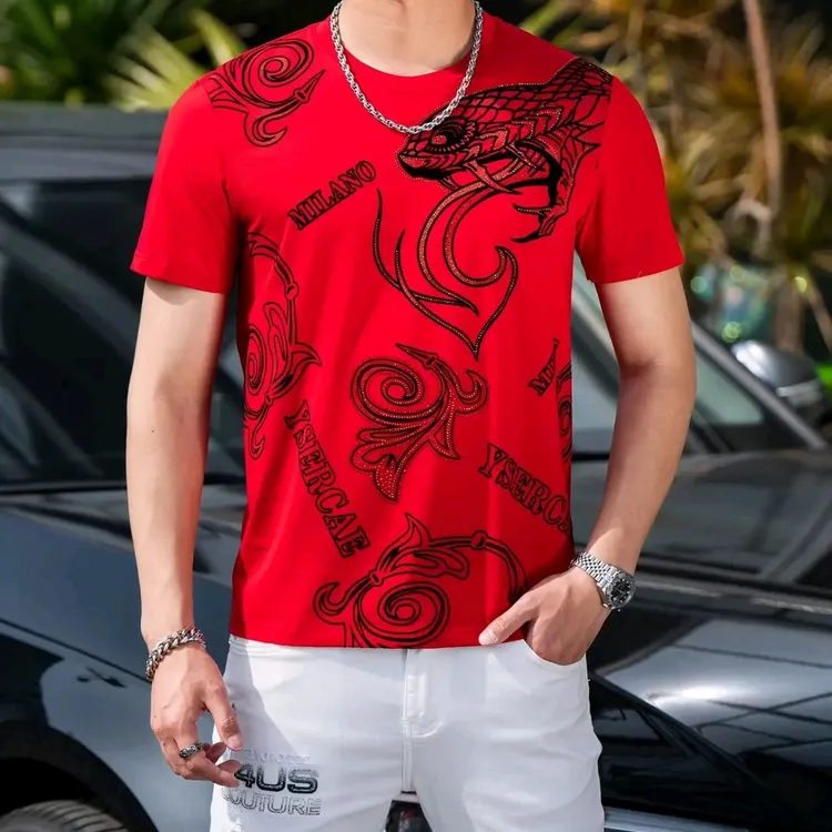 男士夏季新款时尚蛇年烫钻提花半袖个性修身百搭圆领丝光棉t恤潮