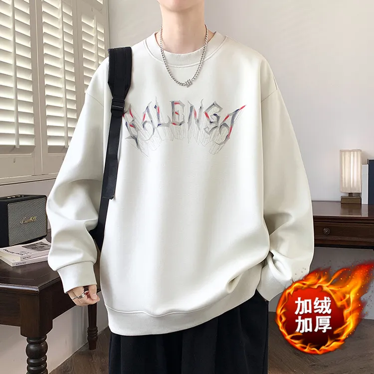 秋冬加绒圆领卫衣男美式宽松印花长袖T恤青少年春秋休闲运动上衣