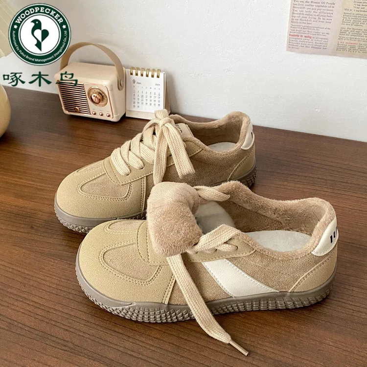 啄木鸟加绒厚底德训鞋女冬季保暖2025新款二棉加厚板鞋复古棉鞋