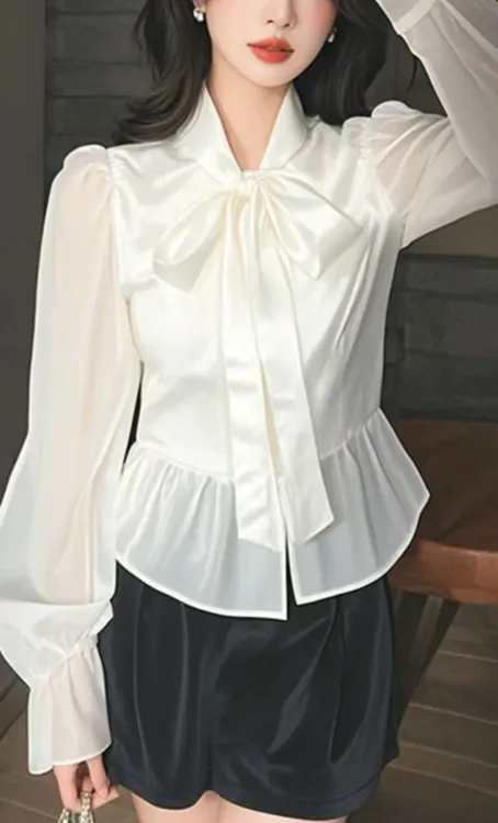 白色蝴蝶结系带衬衫女2025春季新款高级感轻奢赫本风法式小众上衣