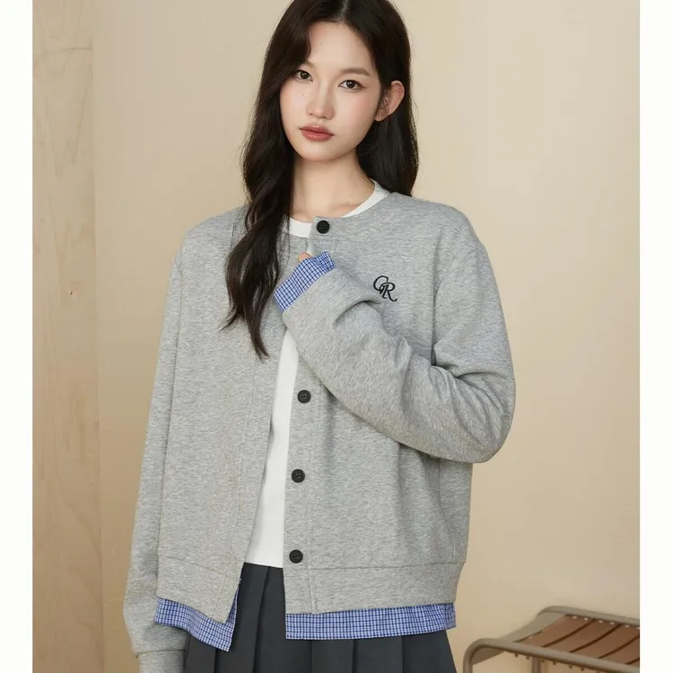 原野  假两件格子开衫卫衣女春秋休闲长袖上衣外套