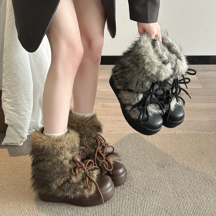  厚底雪地靴女2025年新款冬季外穿保暖棉鞋加绒加厚毛毛中筒靴