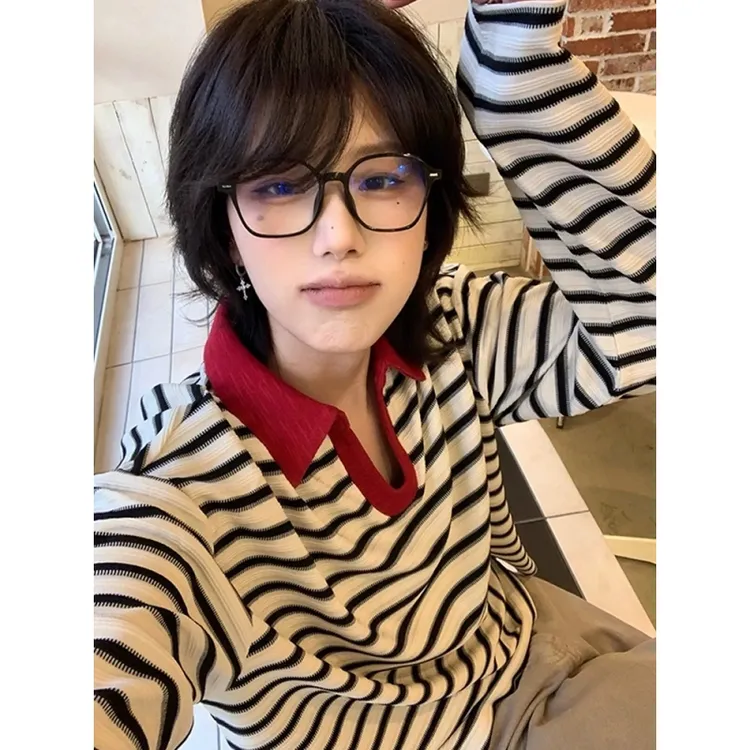韩系V领撞色条纹长袖T恤男女秋季小众高级感慵懒宽松日系撞色休闲